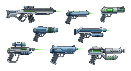 Naklejka premium Collection of futuristic laser ray guns, science fiction weapons, and advanced blaster firearms for sci-fi games and artwork
