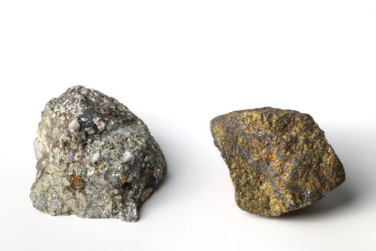 Poly metallic sulfide mineral ores, white background. Contain multiple valuable metals including copper (Cu), nickel (Ni), silver (Ag), lead (Pb), zinc (Zn)