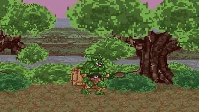 Pixel art animation of a game featuring a medieval ogre with his club walking through the forest, pixel art.