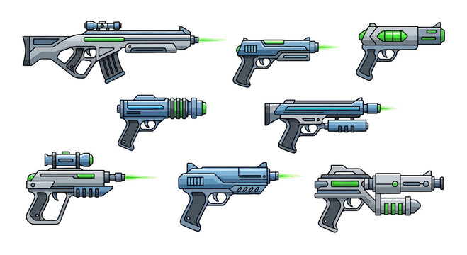 Collection of futuristic laser ray guns, science fiction weapons, and advanced blaster firearms for sci-fi games and artwork