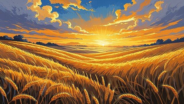 Golden wheat field under a dramatic sunset sky as a harvest abundance and agricultural prosperity concept in a wide rural landscape