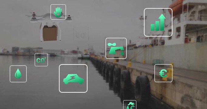 Animation of eco icons and data processing over drone with box and sea port