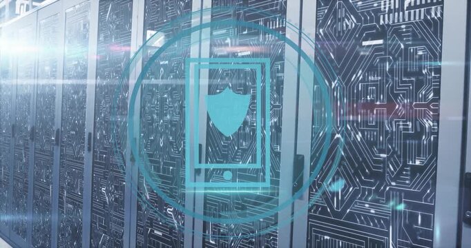 Animation of shield icon and digital data processing over computer servers