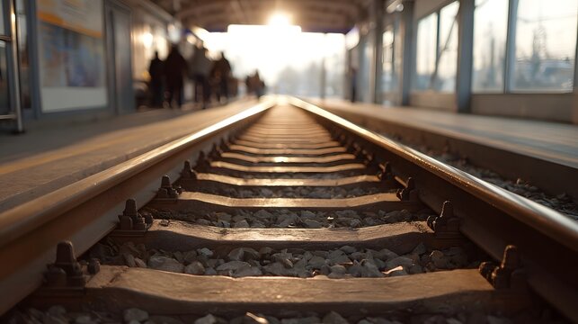 Close up of railway tracks at a station during golden hour with sunlit warmth and blurred figures in the distance