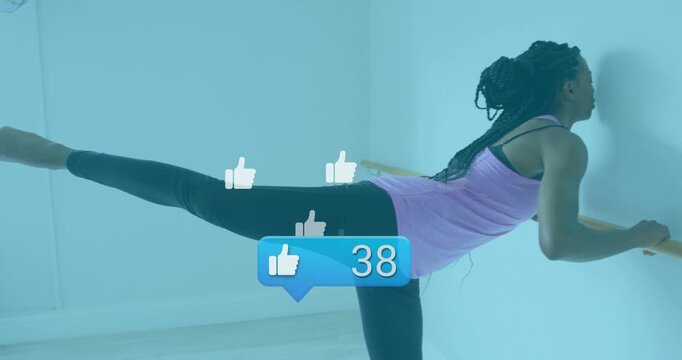 Woman entering fitness studio and lifting barre leg extension, generating like icons rising to 95