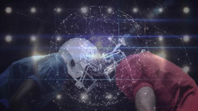 Football players touching helmets under lights, generating sports tech rotating wireframe globe