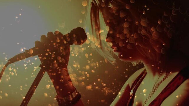 Teenage singer stepping into golden spotlight on concert stage gripping mic singing amid sparkles