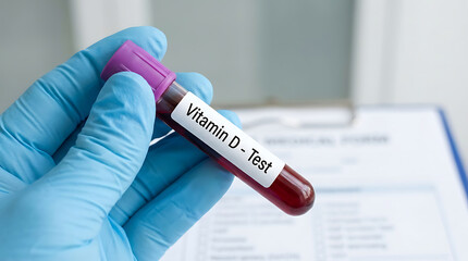Fototapeta premium Gloved hand holding a blood sample labeled Vitamin D Test with a blurred medical document in the background.