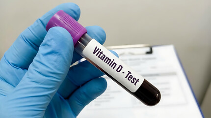 Fototapeta premium Gloved hand holding a blood sample tube labeled Vitamin D Test with a clipboard in the background.