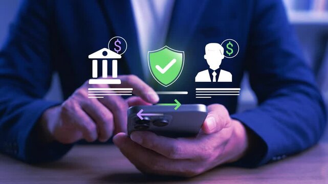 Secure digital payment, bank transfer. financial transaction interface with bank, user, and shield protection icon, symbolizing fintech security, safe online banking, trusted money exchange.