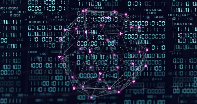 Central 3D wireframe sphere rotating and pulsing after cyan digit shift, showing network activity