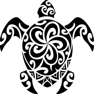 Maori sea turtle animal tribe graphic black tattoo or print. Polynesian ethnic graphic tattoo, New Zealand tribal abstract decoration. Maori tribe black print