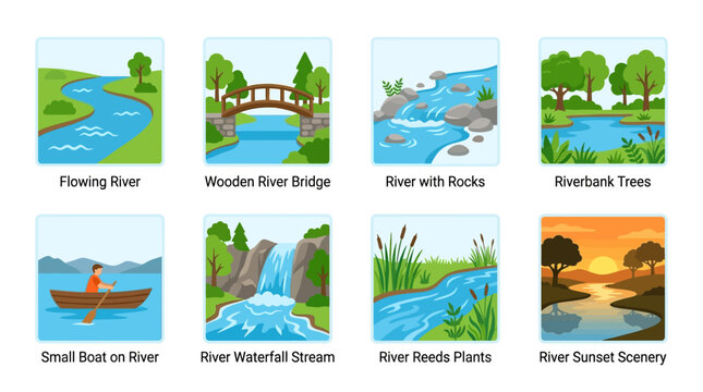 A serene vector illustration of a flowing river with a wooden bridge surrounded by lush green trees and riverbank plants.