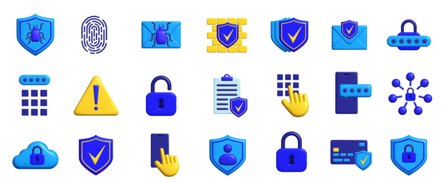 Set of blue 3d security icons show protection with shields locks and passwords. Vector illustration