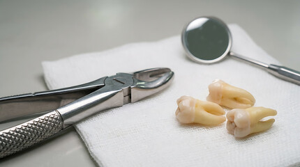 Obraz premium Dental extraction tools and extracted teeth on a white cloth.