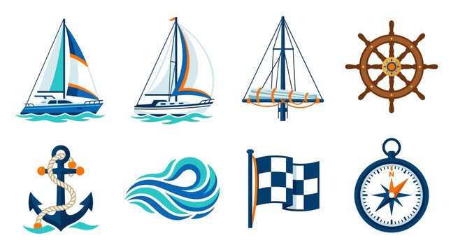 Vector nautical icons showcase sailing ships, anchors, and navigation tools on a wave background with a compass.