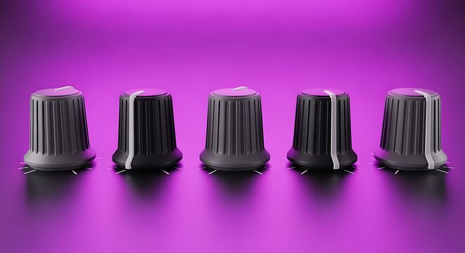Five gray and black audio mixer knobs with ridged sides and white accents on a purple background with reflections  electronic music equipment