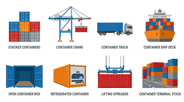 Vector illustration of stacked shipping containers and industrial port equipment with trucks and cranes in a busy harbor scene with terminal stacks.