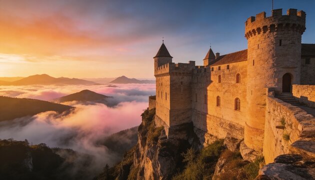 Basking stone castle perched on right cliff at sunset, round towers, parapet and sea of clouds