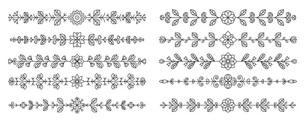 Fototapeta premium Outline and line flower divider borders. Vector set of elegant black and white floral linear separators, decorative ornamental trims features arrangements of flowers, leaves and vines for invitations