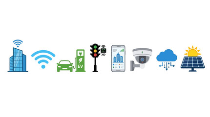 Obraz premium Vector graphics illustrate smart city infrastructure with connected devices and renewable energy sources in a modern urban landscape.