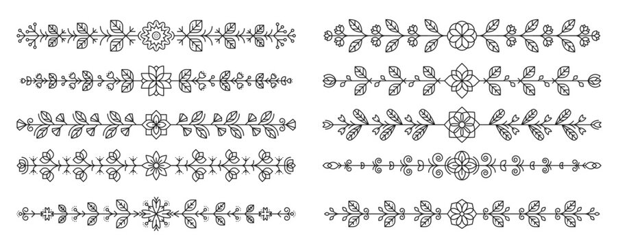 Outline and line flower divider borders. Vector set of elegant black and white floral linear separators, decorative ornamental trims features arrangements of flowers, leaves and vines for invitations
