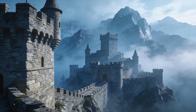 Perching stone castle complex rising on rocky cliff above fog, showing battlements and parapet