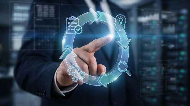 Business Innovation: A forward-thinking individual, in a professional suit, makes a pivotal touch to a digital cycle representing innovation, strategic planning, and the dynamic flow of processes.