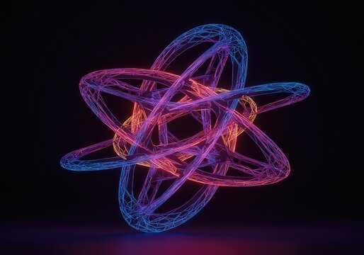 Interconnected glowing planes forming a perfect, balanced, harmonious spatial structure. Abstract visualization of complex multidimensional reality, render, equilibrium, abstractart