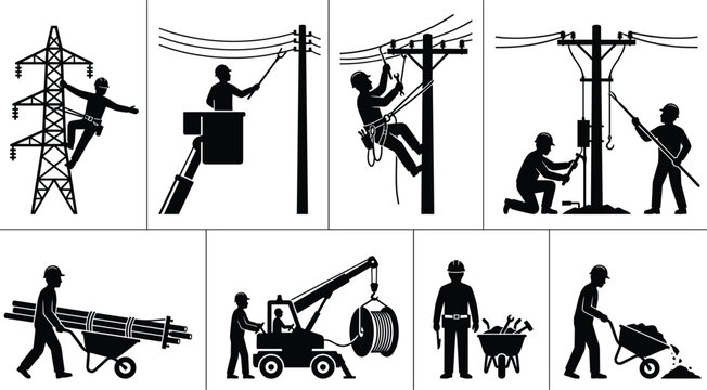 Black silhouette set of electrician line worker repairing power lines on electric pole and construction workers with machinery isolated on white background
