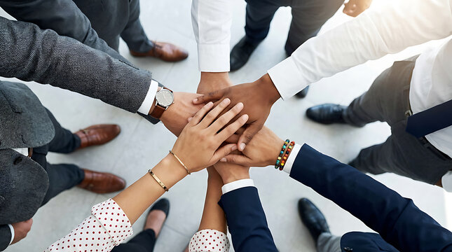 Diverse group of business professionals stacking hands in a symbol of unity and teamwork.