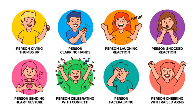 A vector illustration of people expressing various emotions and reactions with gestures and facial expressions in a colorful setting.