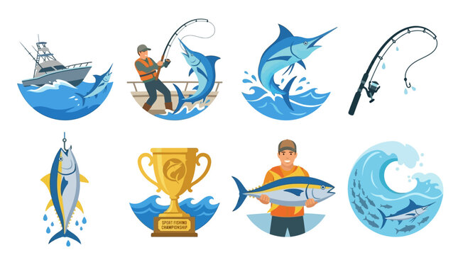 A vector illustration set of fishing themed icons including boats, fishermen, trophies, and various fish in a dynamic vector style.