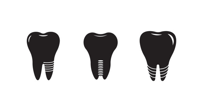 Black and white dental implants with screws and roots  tooth icons  dental health and medical symbols
