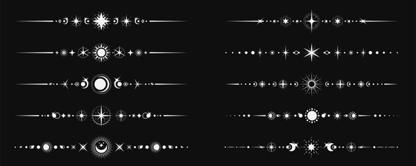 Esoteric mystic celestial divider borders with moon phases, stars and suns. Vector line ornament, magic, astrology, witchcraft space spiritual frames boho set with moon cycles and witchy symbols © Vector Tradition