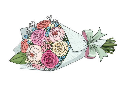 A handdrawn illustration of a colorful bouquet wrapped in paper and tied with a bow