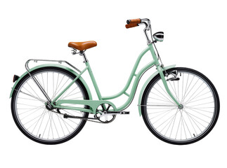 Fototapeta premium Stylish mint green vintage city bicycle, a classic cruiser bike with brown leather seat and handlebars, isolated PNG on transparent background
