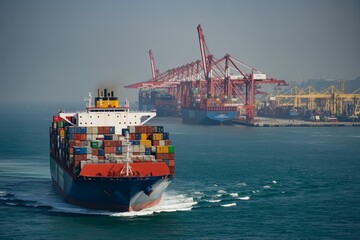 Fototapeta premium A large cargo ship navigates the industrial harbor filled with containers and cranes under a clear blue sky.