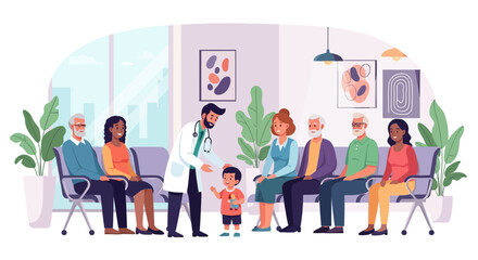 Fototapeta premium Hospital waiting room with patients and doctor consultation scene, healthcare clinic interior with people sitting and child patient, medical service and family care concept illustration