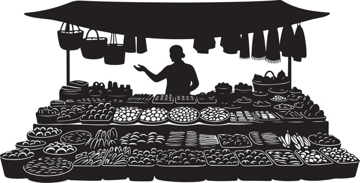 Silhouette of vendor at a bustling outdoor food market stall