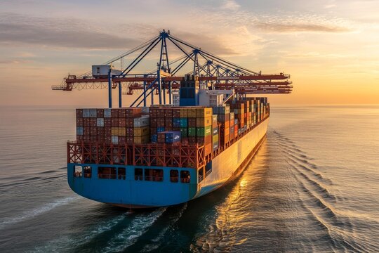 A large cargo ship sailing at sunset, showcasing containers on deck, symbolizing global trade and shipping.