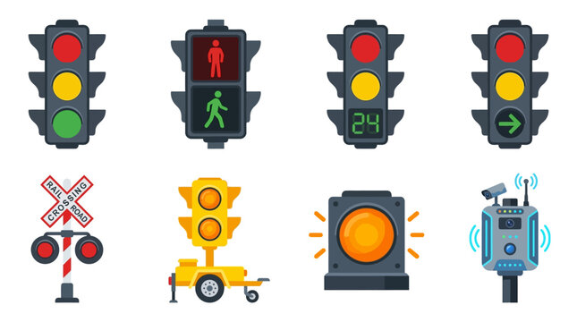 Traffic lights and railroad crossing signals in a vector illustration with various road and rail controls
