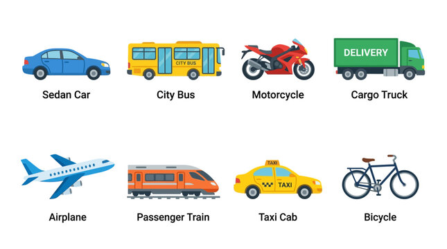 Vehicles on road and in air include vector graphics of cars, buses, trucks, motorcycles, airplanes, trains, taxis, and bicycles.