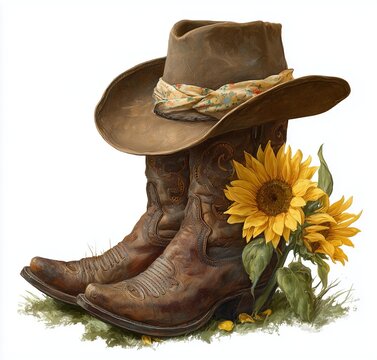 A rustic pair of cowboy boots and hat adorned with vibrant sunflowers, embodying country charm and outdoor adventure.