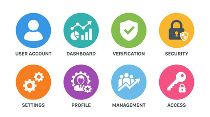 Fototapeta premium Vector icons of various security and management settings on a digital dashboard with user account, verification, and access control elements.