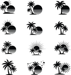 Obraz premium Tropical Sunset and Palm Tree Scene Icons