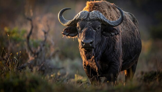 Majestic African Buffalo Stands Proudly in Golden Hour Light.