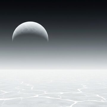 A desolate, endless white landscape meeting a strange, unsettling gradient sky. This blank canvas evokes deep existential mystery and solitude, dreamlike, smooth, isolation