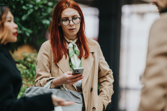 Red-haired business worker checks her smartphone while standing with colleagues outdoors. A small group of business workers converse casually during a brief street-side meeting.