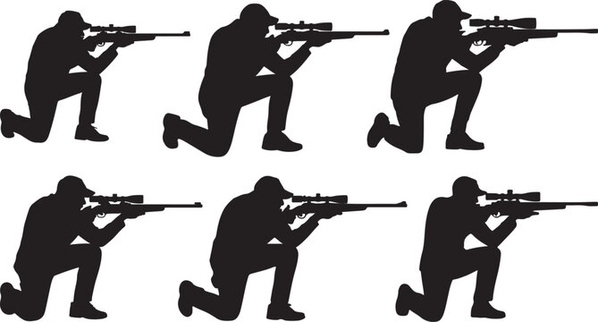 Set of Person Aiming Scoped Rifle Silhouette &ndash; Precision Shooting and Targeting Vector Illustration
